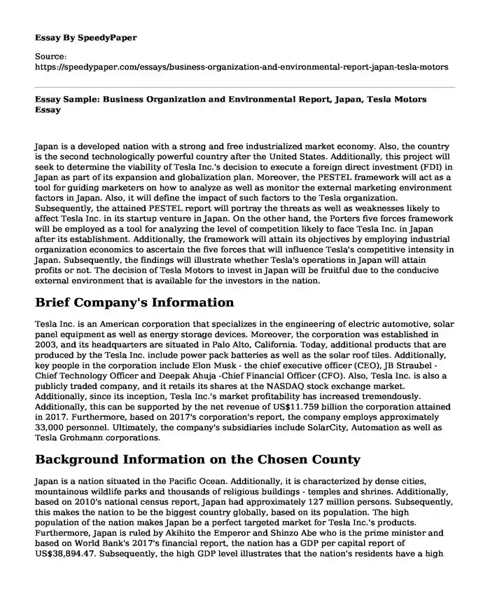 Essay Sample: Business Organization and Environmental Report, Japan, Tesla Motors