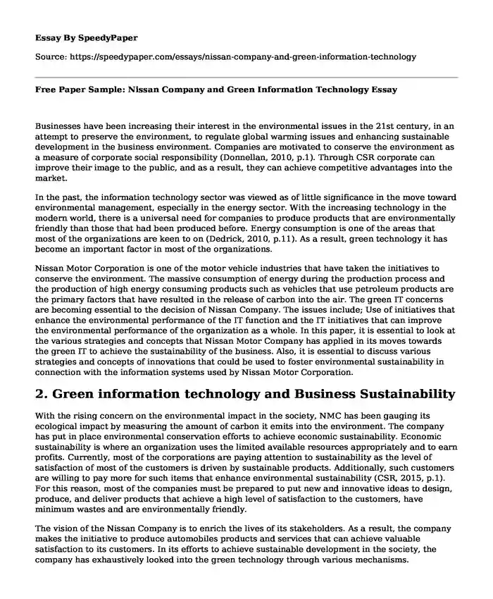 Free Paper Sample: Nissan Company and Green Information Technology