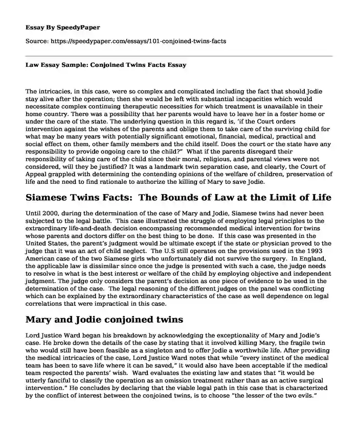 Law Essay Sample: Conjoined Twins Facts