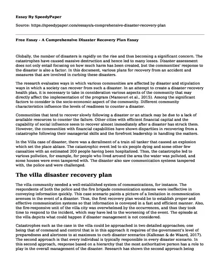 Free Essay - A Comprehensive Disaster Recovery Plan