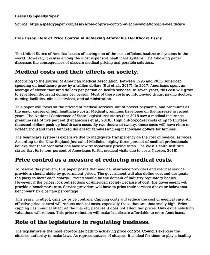 Free Essay. Role of Price Control in Achieving Affordable Healthcare