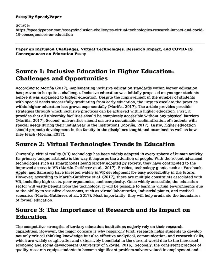 Paper on Inclusion Challenges, Virtual Technologies, Research Impact, and COVID-19 Consequences on Education