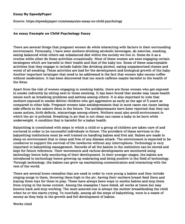 An essay Example on Child Psychology