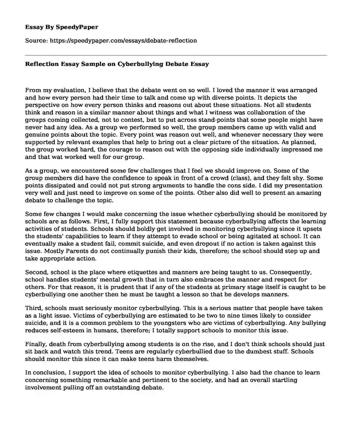 Reflection Essay Sample on Cyberbullying Debate