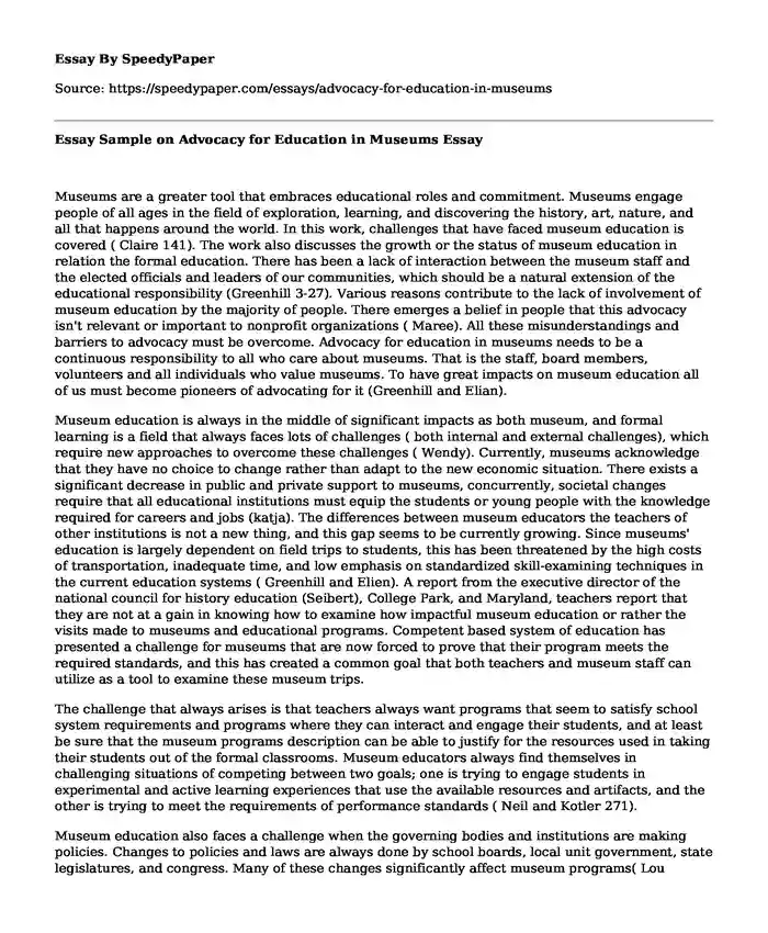 Essay Sample on Advocacy for Education in Museums