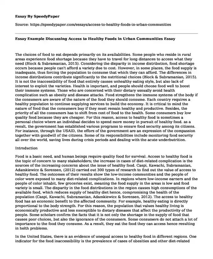 Essay Example Discussing Access to Healthy Foods in Urban Communities