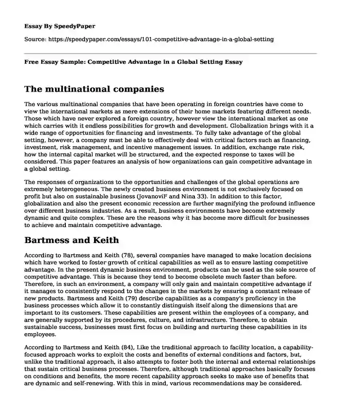 Free Essay Sample: Competitive Advantage in a Global Setting