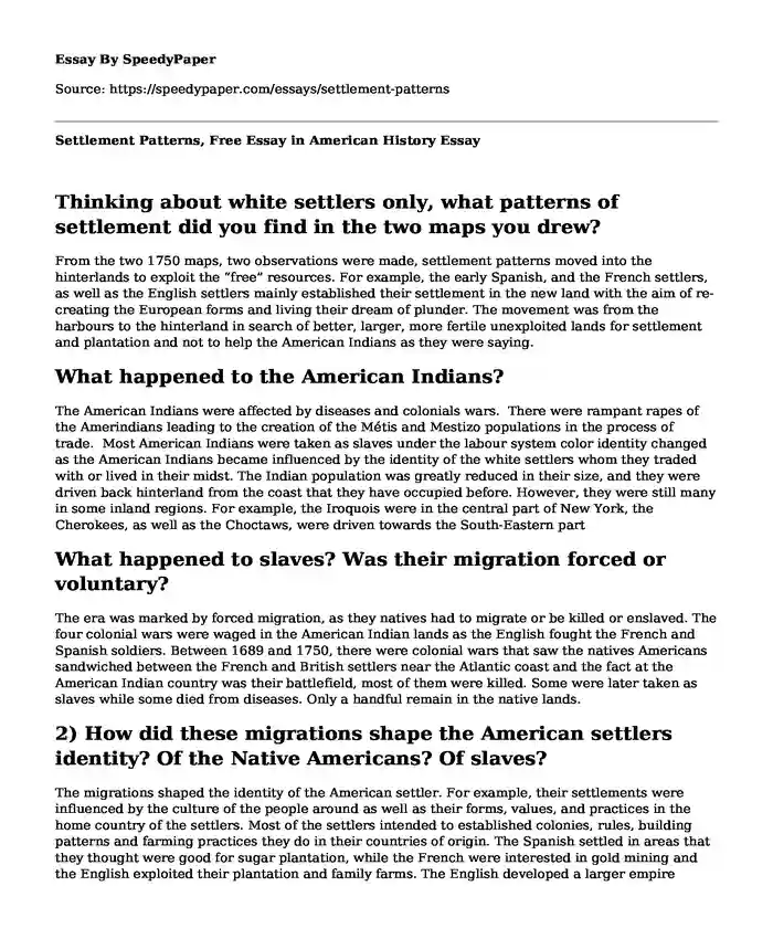 Settlement Patterns, Free Essay in American History