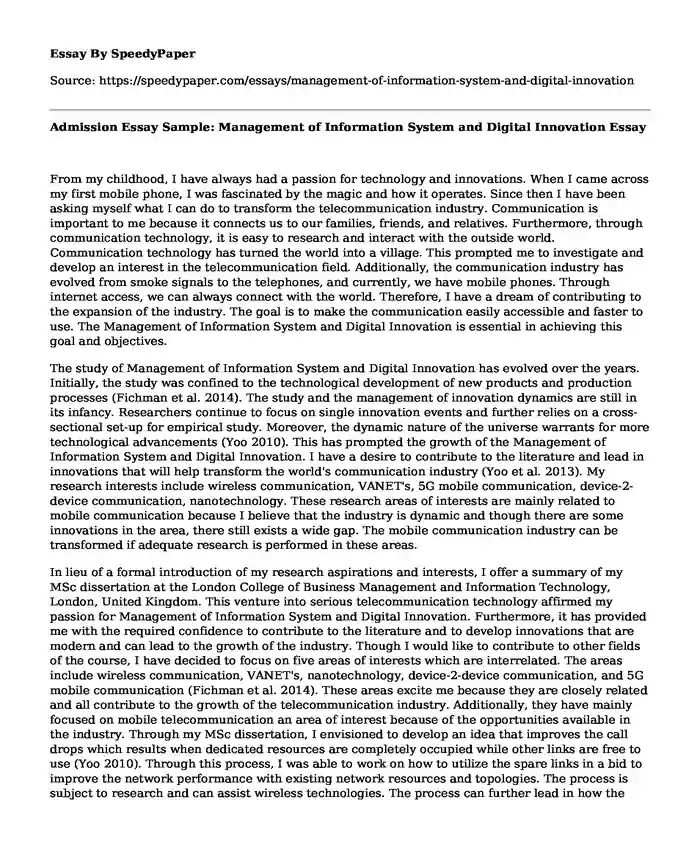 Admission Essay Sample: Management of Information System and Digital Innovation