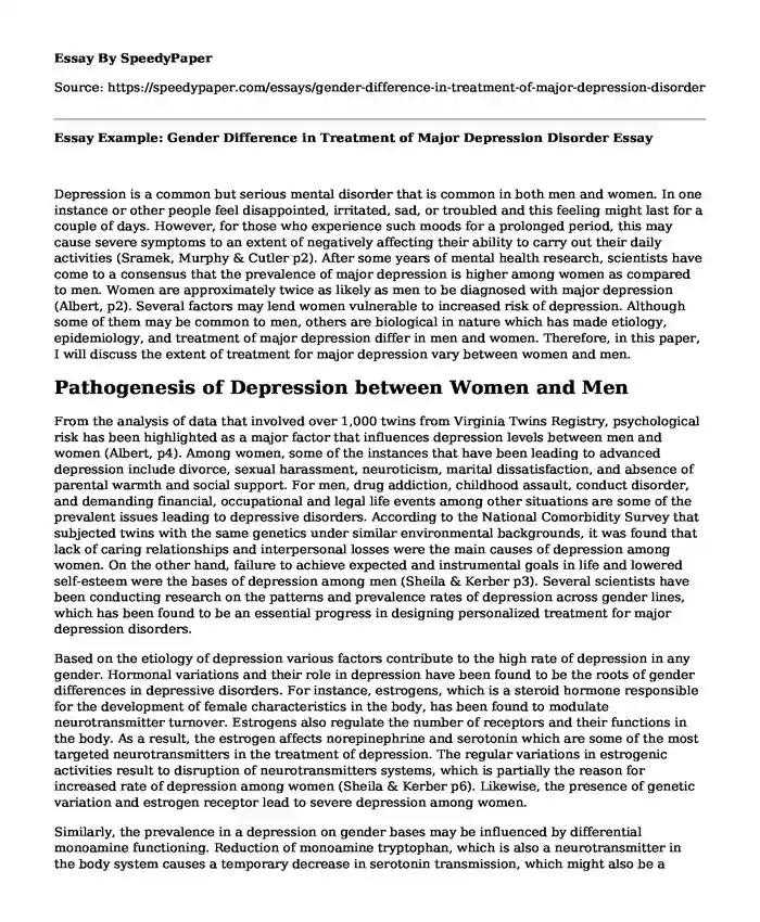 Essay Example: Gender Difference in Treatment of Major Depression Disorder