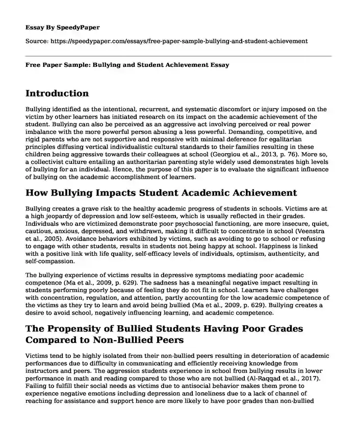 Free Paper Sample: Bullying and Student Achievement
