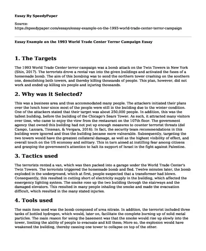 Essay Example on the 1993 World Trade Center Terror Campaign