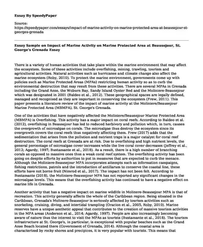 Essay Sample on Impact of Marine Activity on Marine Protected Area at Beausejour, St. George's Grenada