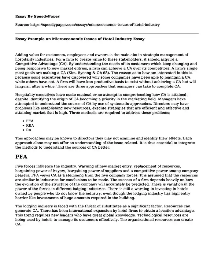 Essay Example on Microeconomic Issues of Hotel Industry