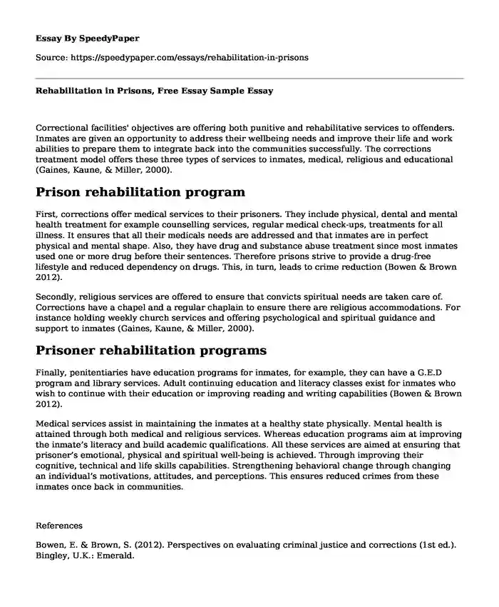 Rehabilitation in Prisons, Free Essay Sample