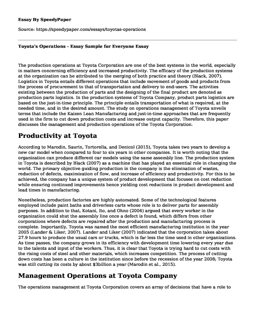 Toyota's Operations - Essay Sample for Everyone