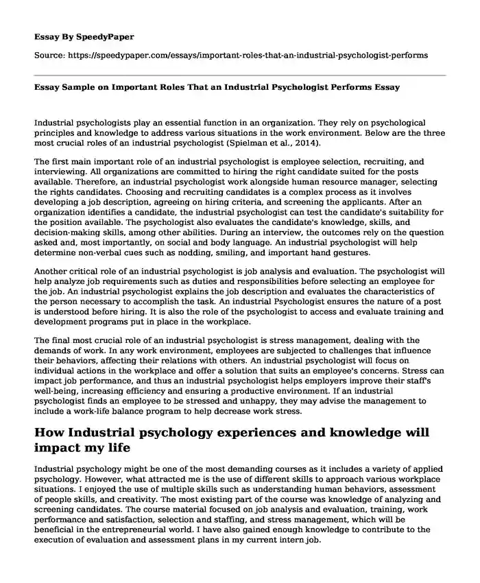 Essay Sample on Important Roles That an Industrial Psychologist Performs