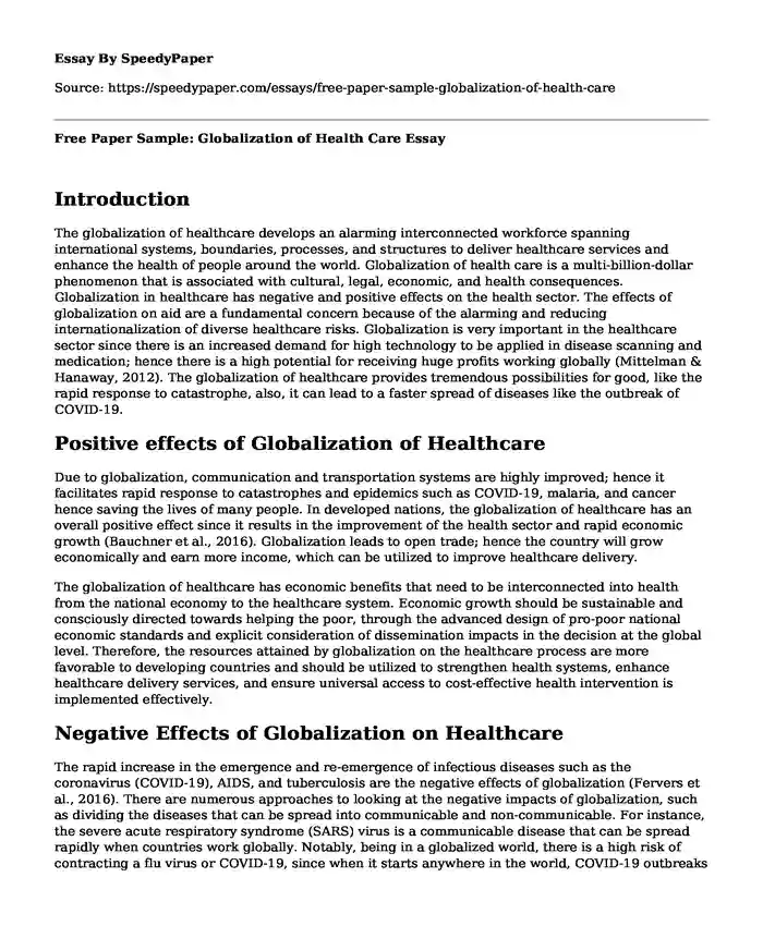 Free Paper Sample: Globalization of Health Care
