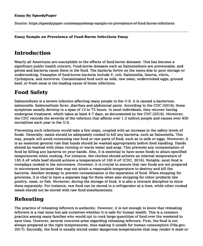 Essay Sample on Prevalence of Food-Borne Infections
