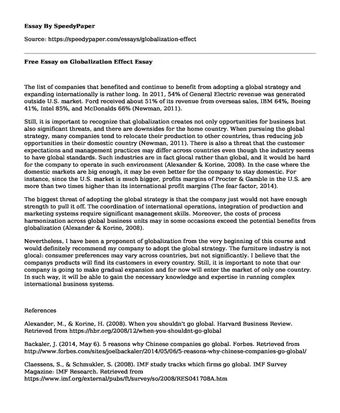 Free Essay on Globalization Effect