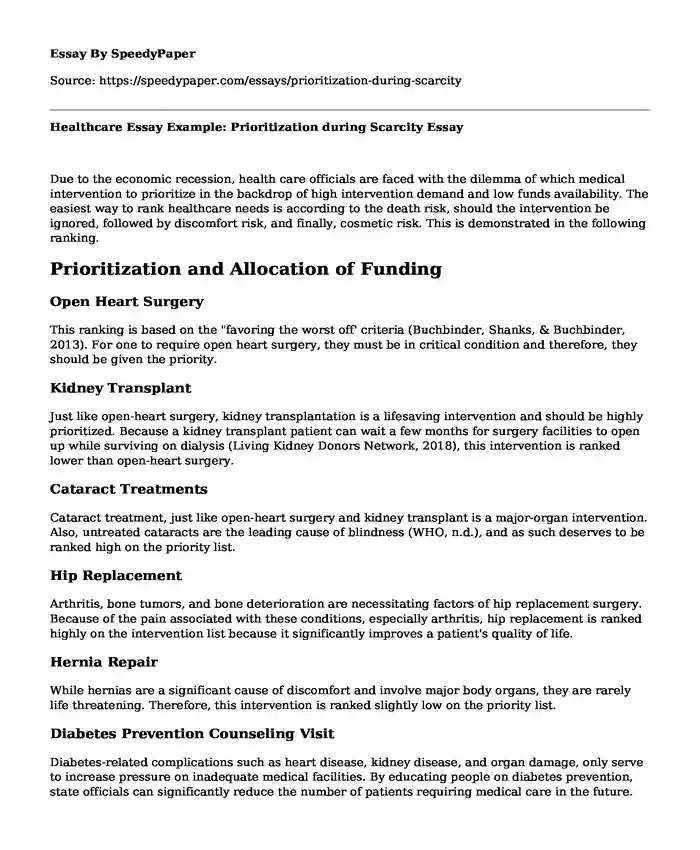 Healthcare Essay Example: Prioritization during Scarcity