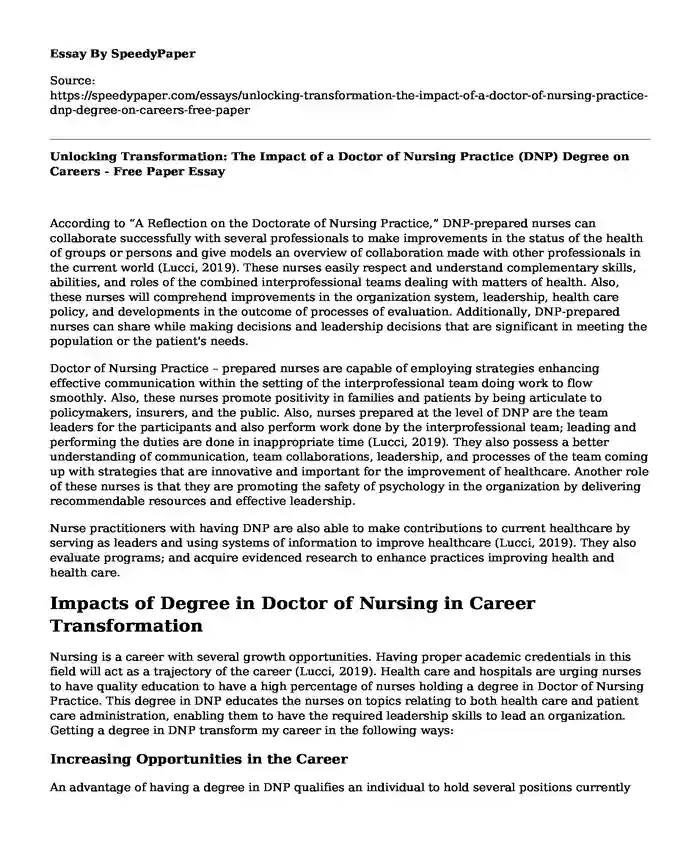 Unlocking Transformation: The Impact of a Doctor of Nursing Practice (DNP) Degree on Careers - Free Paper