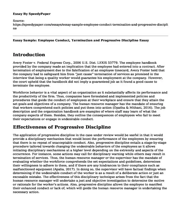 Essay Sample: Employee Conduct, Termination and Progressive Discipline