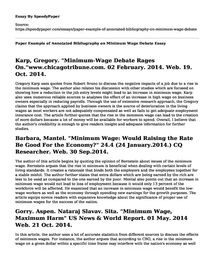 Paper Example of Annotated Bibliography on Minimum Wage Debate