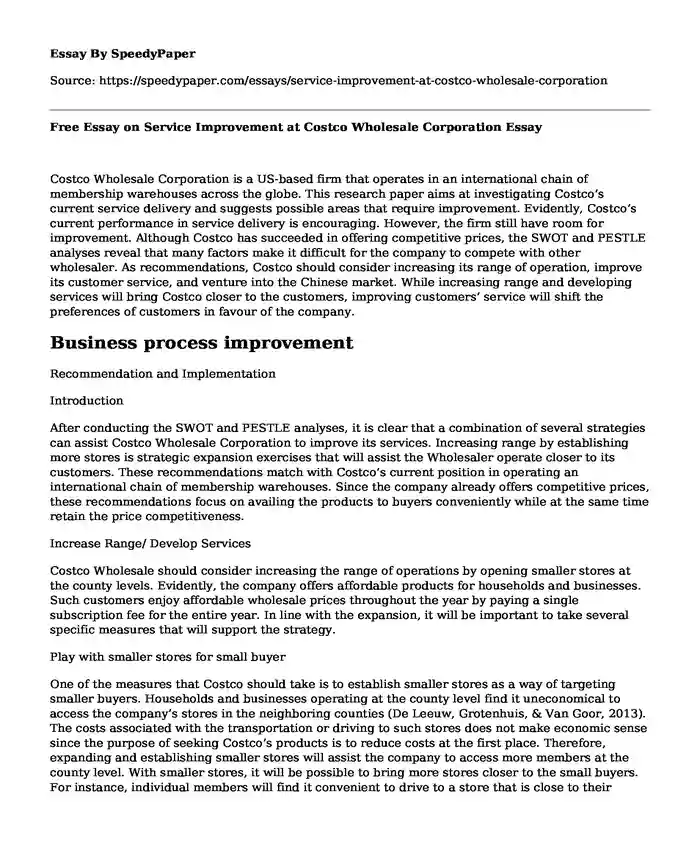 Free Essay on Service Improvement at Costco Wholesale Corporation