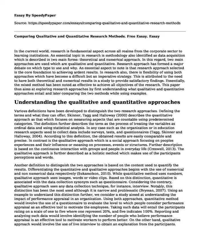 Comparing Qualitative and Quantitative Research Methods. Free Essay.