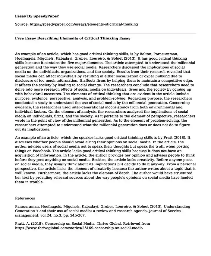 Free Essay Describing Elements of Critical Thinking