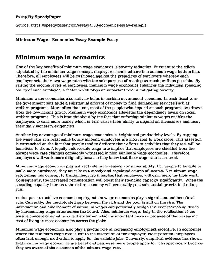 Minimum Wage - Economics Essay Example