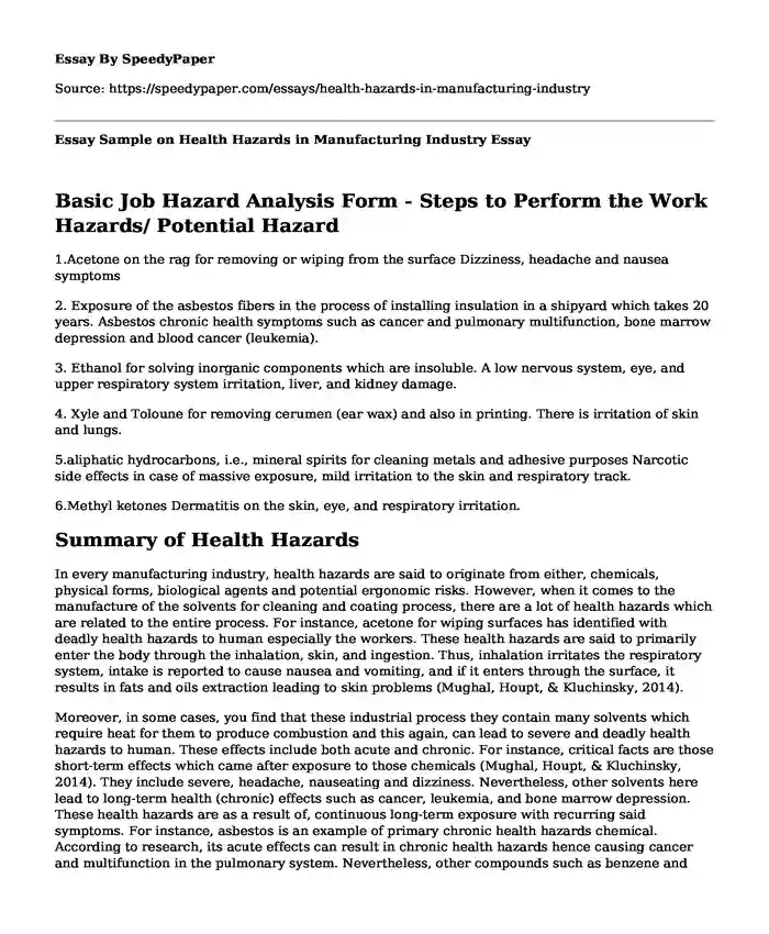 Essay Sample on Health Hazards in Manufacturing Industry