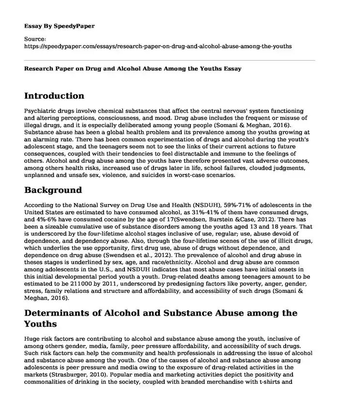Research Paper on Drug and Alcohol Abuse Among the Youths