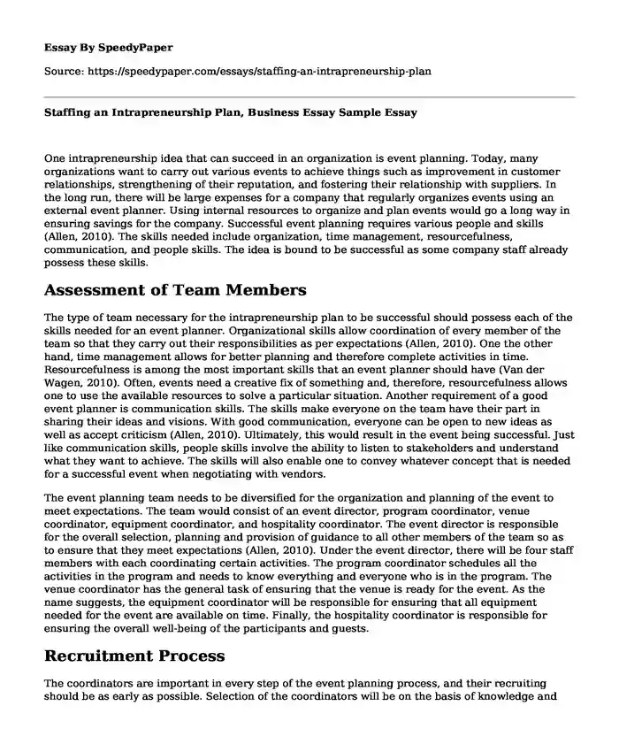 Staffing an Intrapreneurship Plan, Business Essay Sample