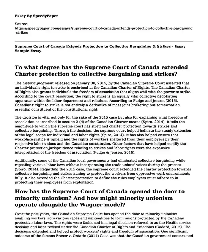 Supreme Court of Canada Extends Protection to Collective Bargaining & Strikes - Essay Sample