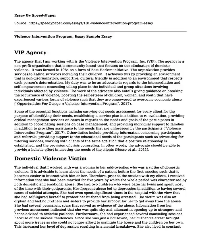 Violence Intervention Program, Essay Sample