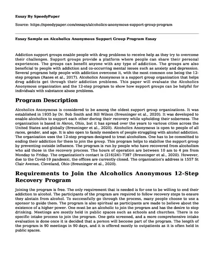 Essay Sample on Alcoholics Anonymous Support Group Program