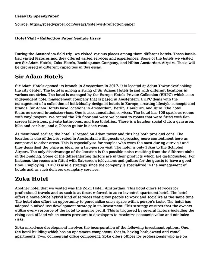 Hotel Visit - Reflection Paper Sample