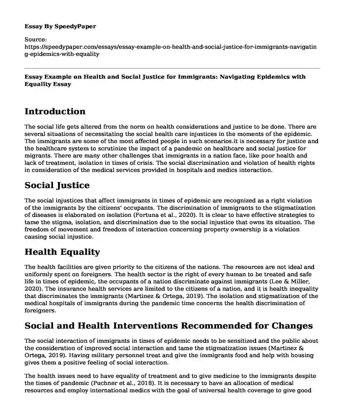 Essay Example on Health and Social Justice for Immigrants: Navigating Epidemics with Equality