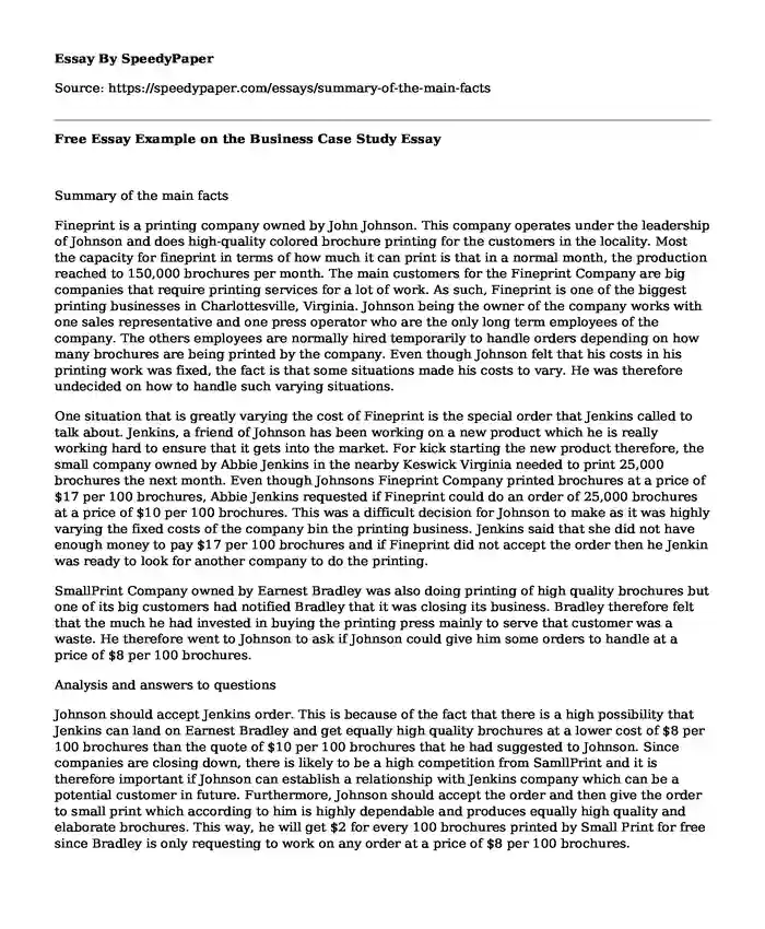Free Essay Example on the Business Case Study