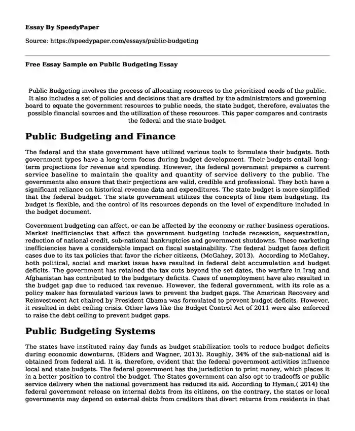 Free Essay Sample on Public Budgeting