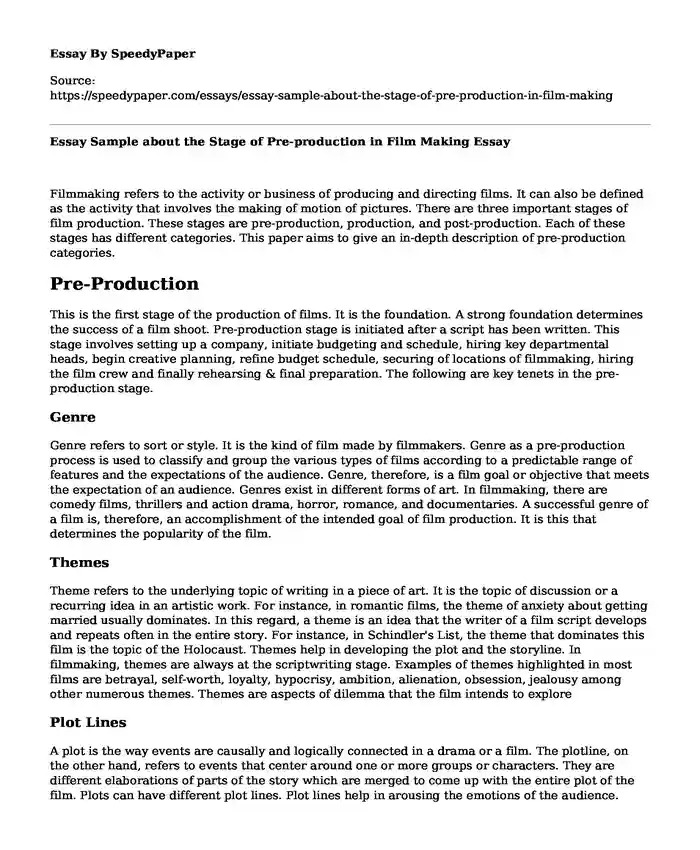 Essay Sample about the Stage of Pre-production in Film Making