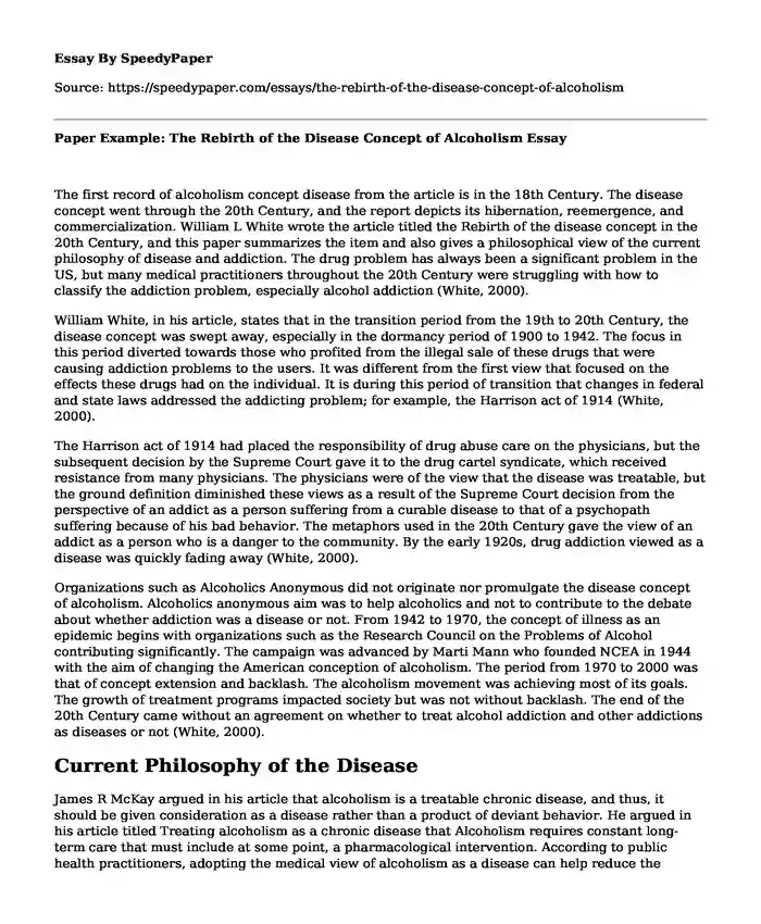 Paper Example: The Rebirth of the Disease Concept of Alcoholism