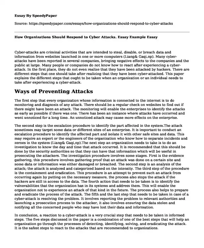 How Organizations Should Respond to Cyber Attacks. Essay Example