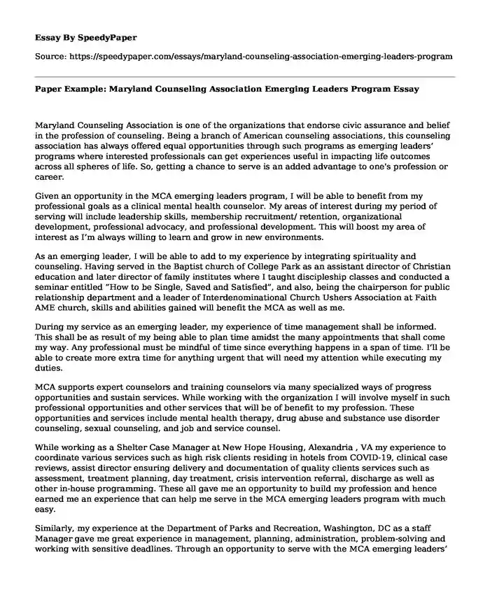 Paper Example: Maryland Counseling Association Emerging Leaders Program