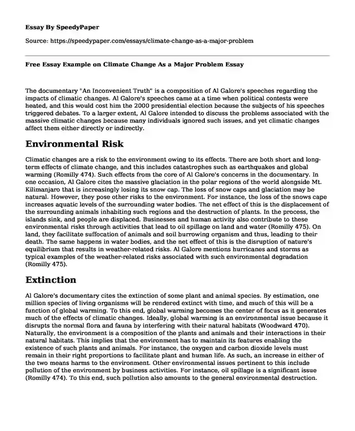 Free Essay Example on Climate Change As a Major Problem