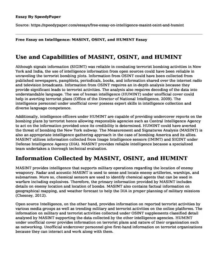 Free Essay on Intelligence: MASINT, OSINT, and HUMINT