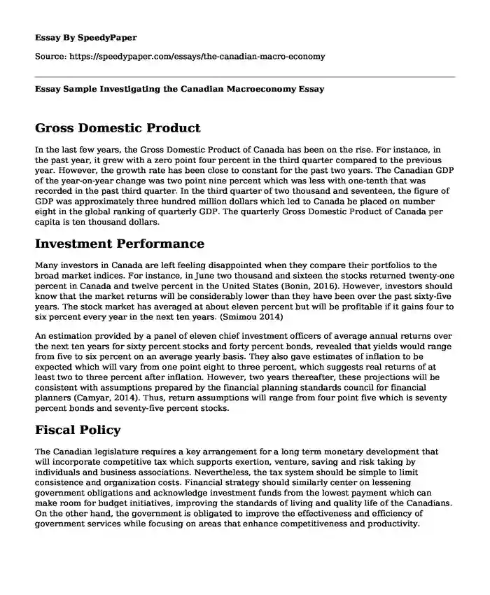 Essay Sample Investigating the Canadian Macroeconomy