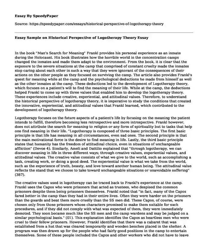 Essay Sample on Historical Perspective of Logotherapy Theory